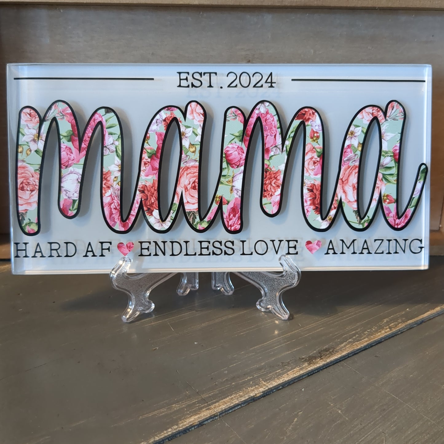 'MAMA est. 2024' glass plaque w/ stand, Asst'd