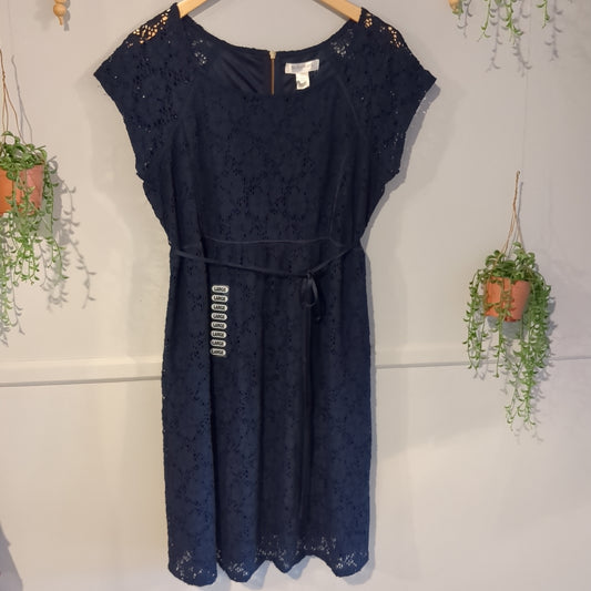 Crocheted lace A-line SS mini dress, Multi