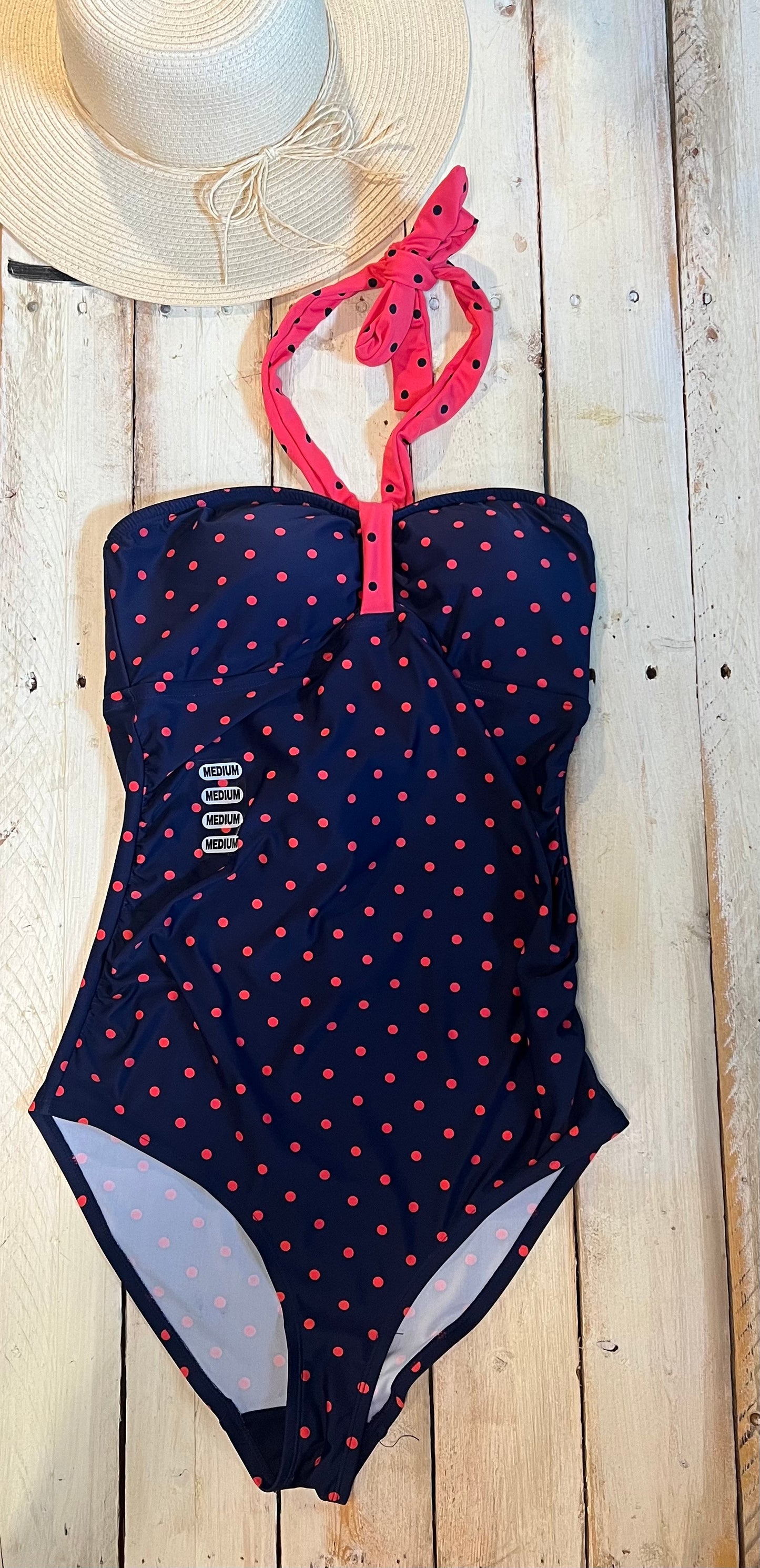 Halter rear knot one-piece swimsuit, Navy dots