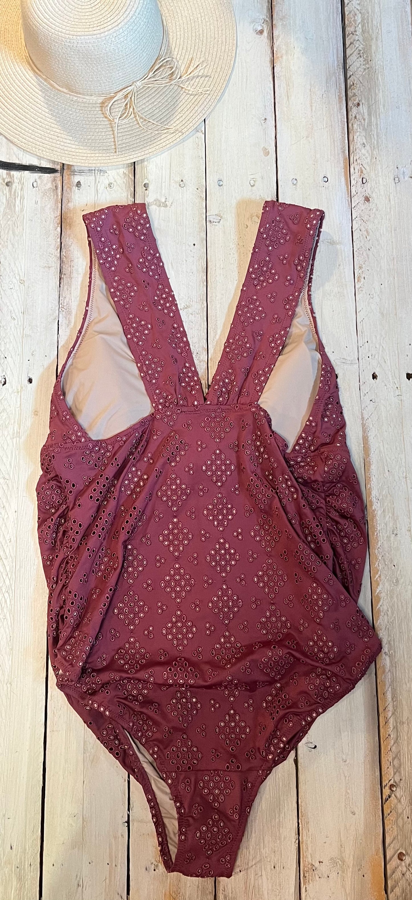 Eyelet lace one piece swimsuit, Dark rose