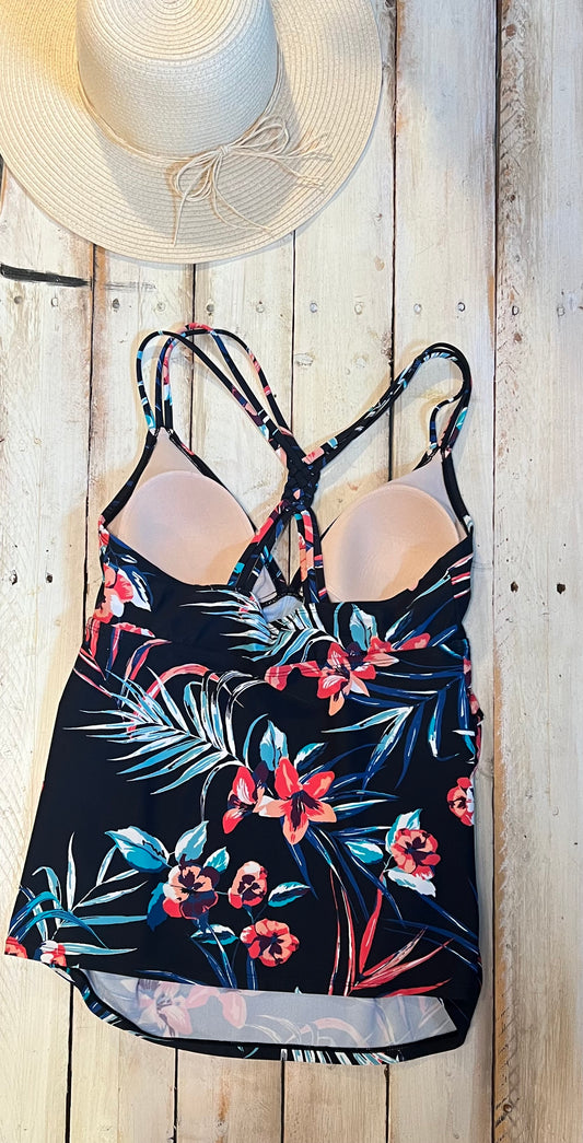 Strappy tankini floral swimsuit top, Black