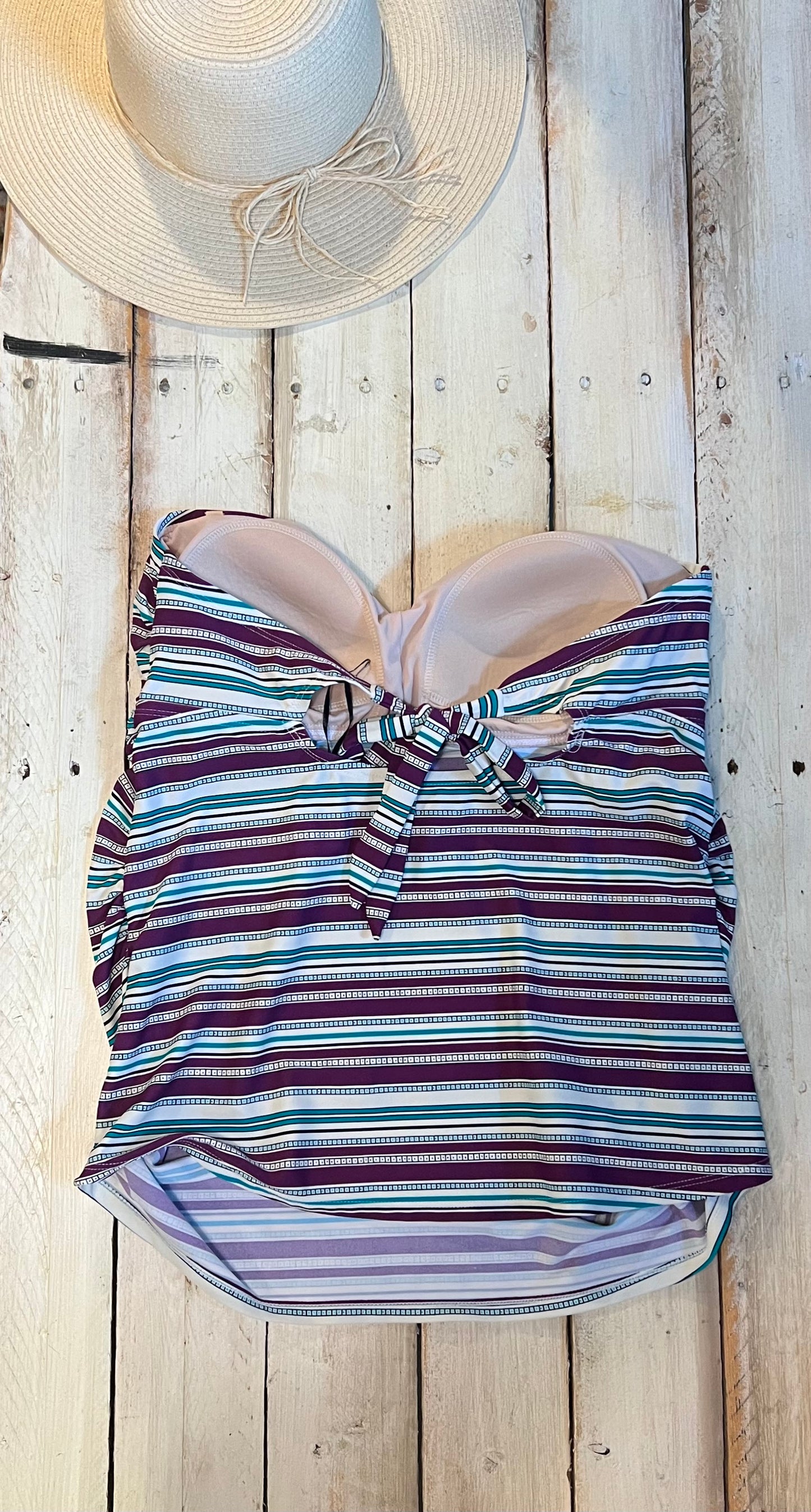 Strapless tankini striped swimsuit top, Burgundy