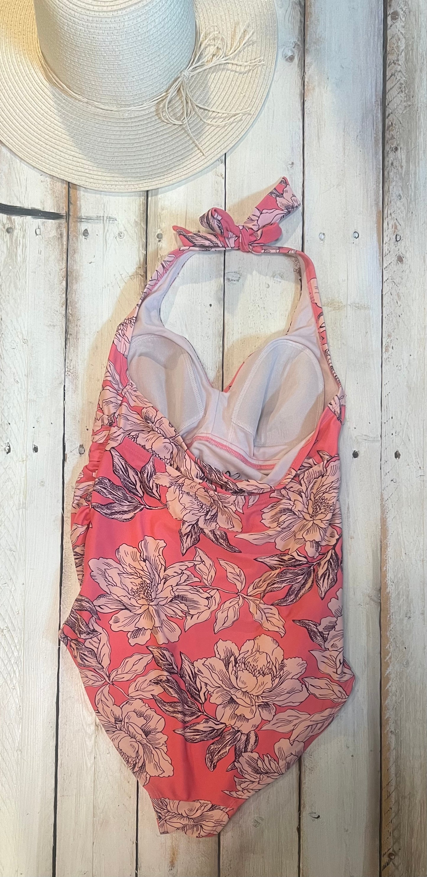 One-piece floral swimsuit, Salmon
