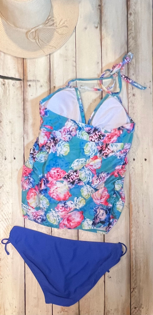 Floral halter tankini 2pc swimsuit, Teal