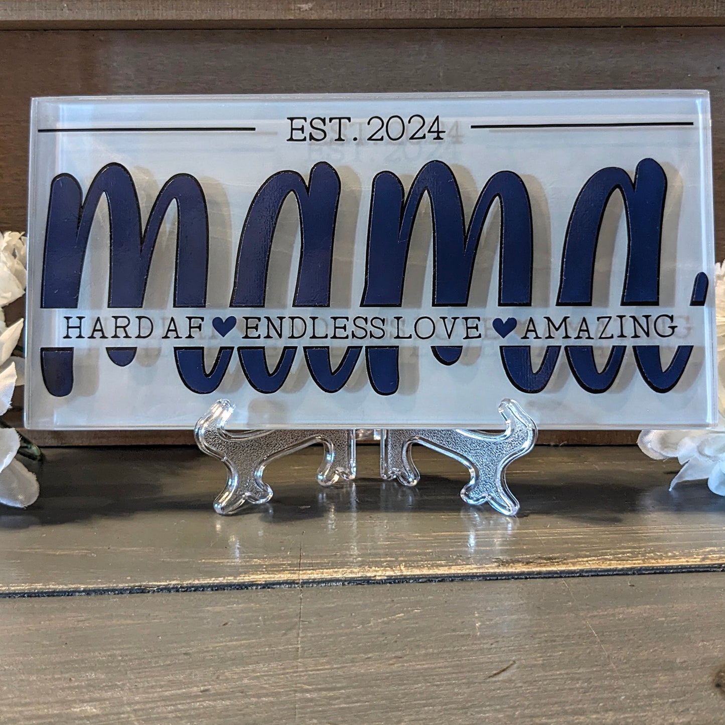 'MAMA est. 2024' glass plaque w/ stand, Asst'd