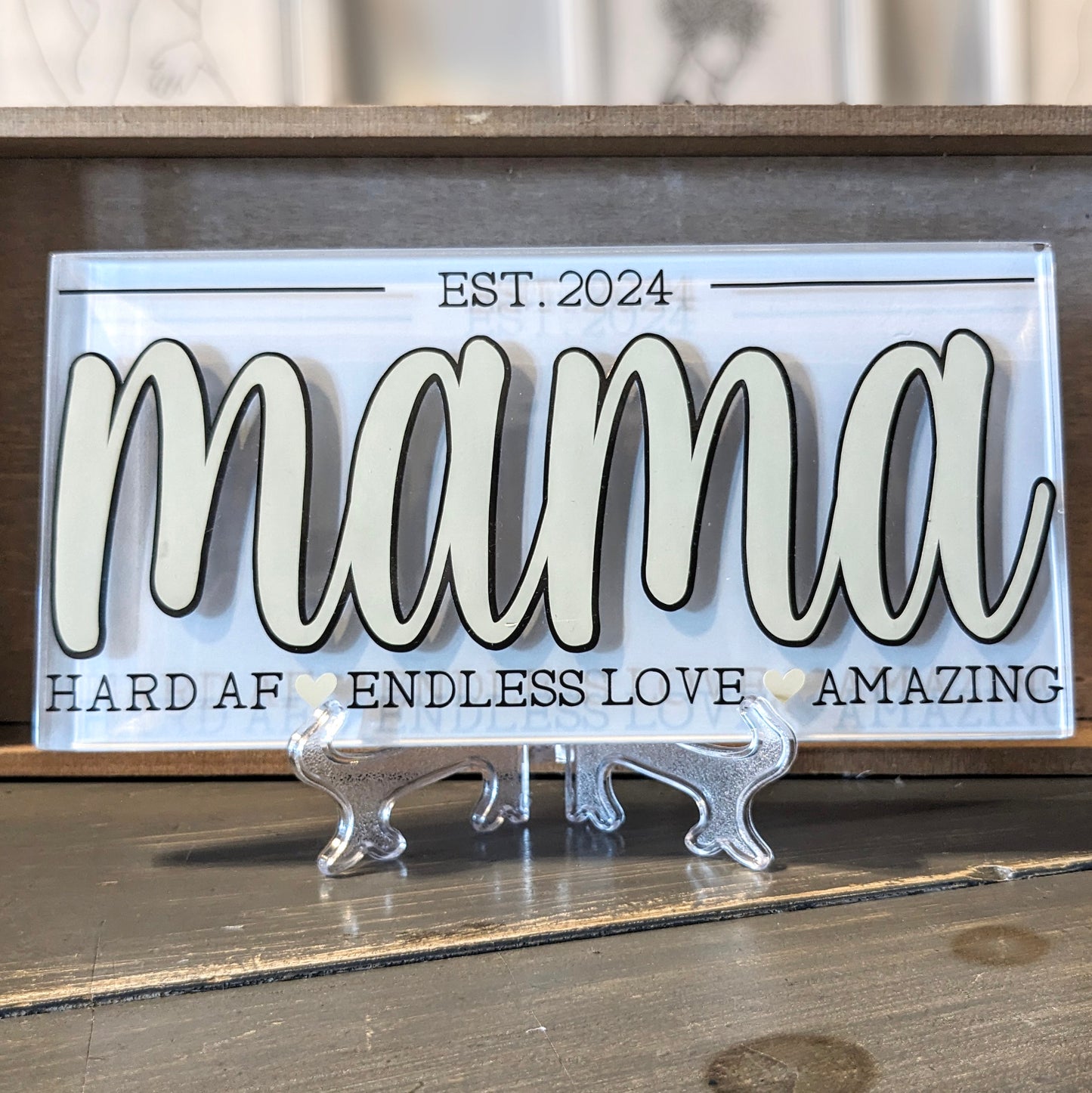 'MAMA est. 2024' glass plaque w/ stand, Asst'd