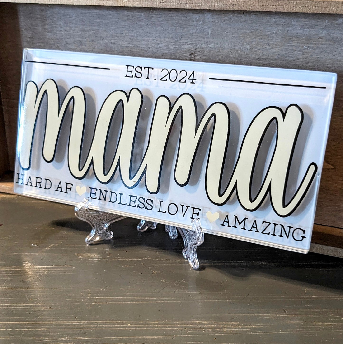 'MAMA est. 2024' glass plaque w/ stand, Asst'd