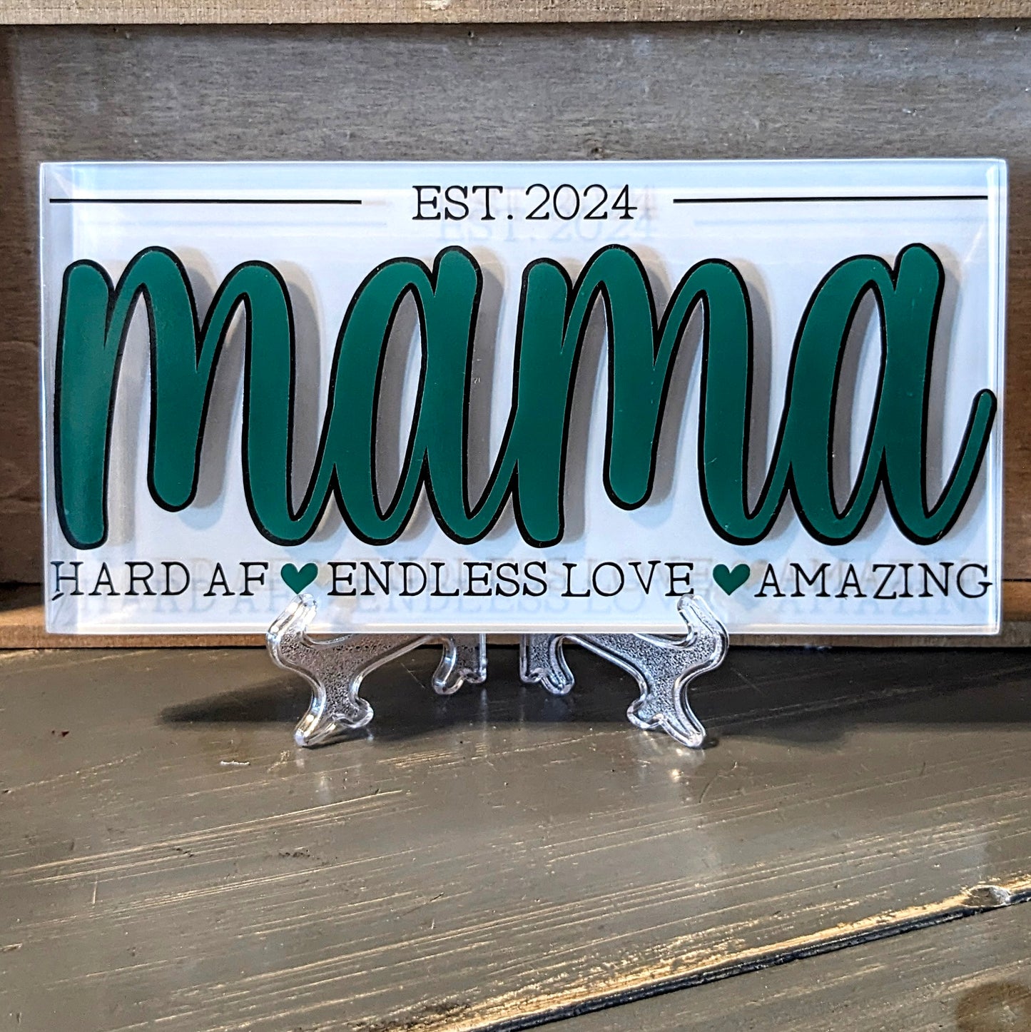 'MAMA est. 2024' glass plaque w/ stand, Asst'd