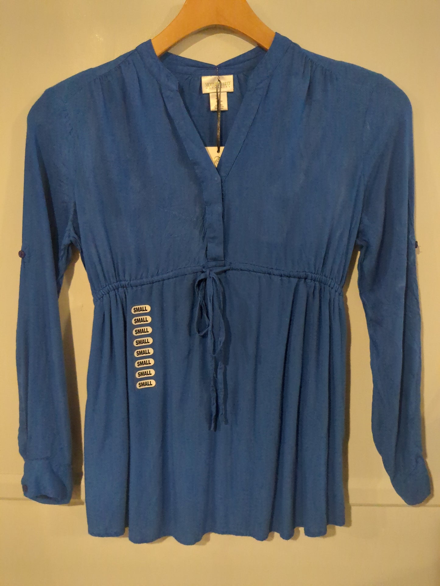 Essential cinched waist v-neck button LS top, Blue