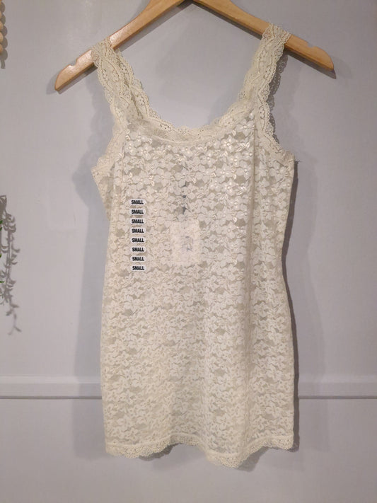 Sheer lace fitted strappy tank, Ivory