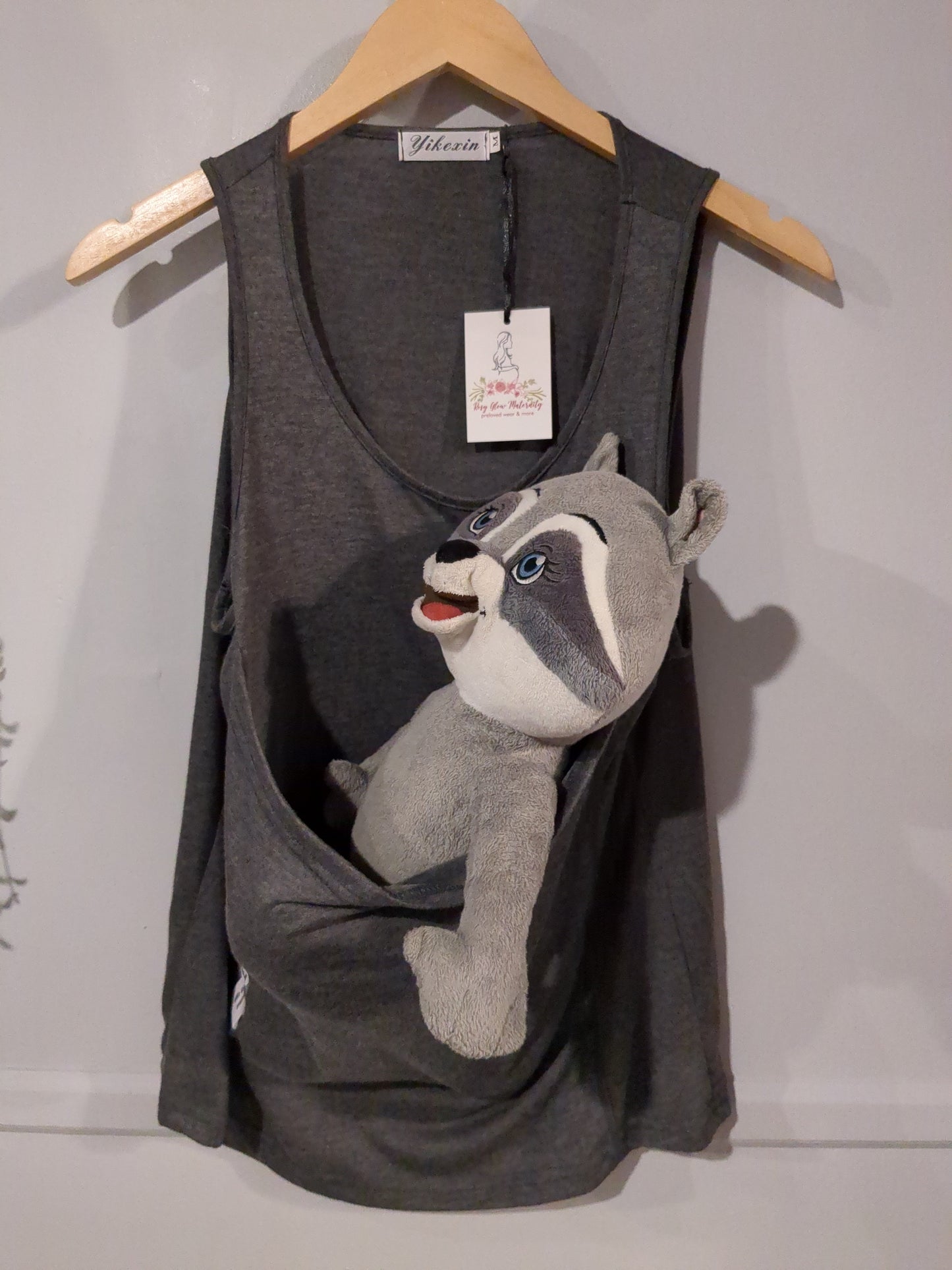 Babywearing kangaroo pouch round neck tank, Grey