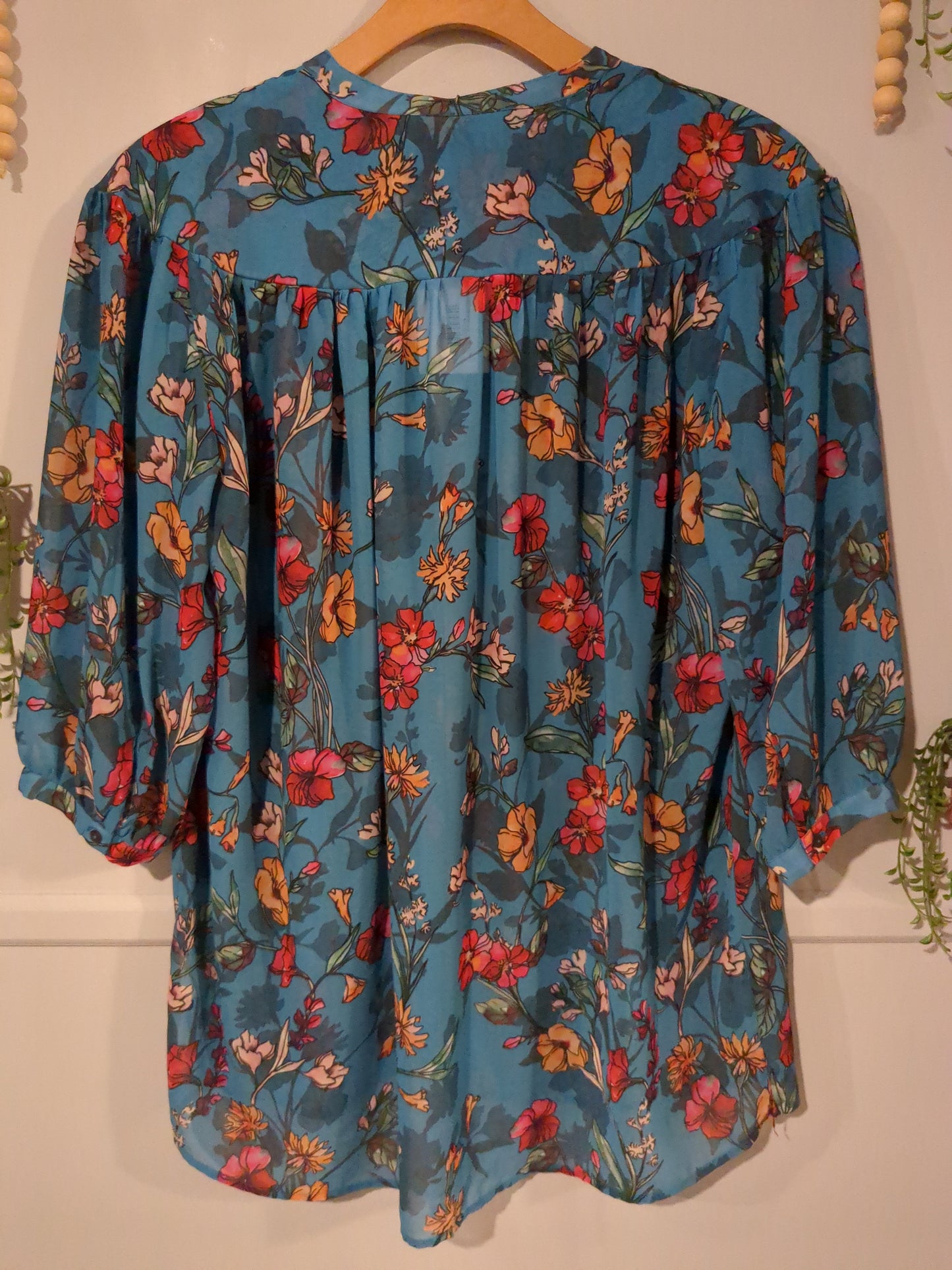 Semi-sheer 3/4 sleeve button down blouse, Blue florals -NF