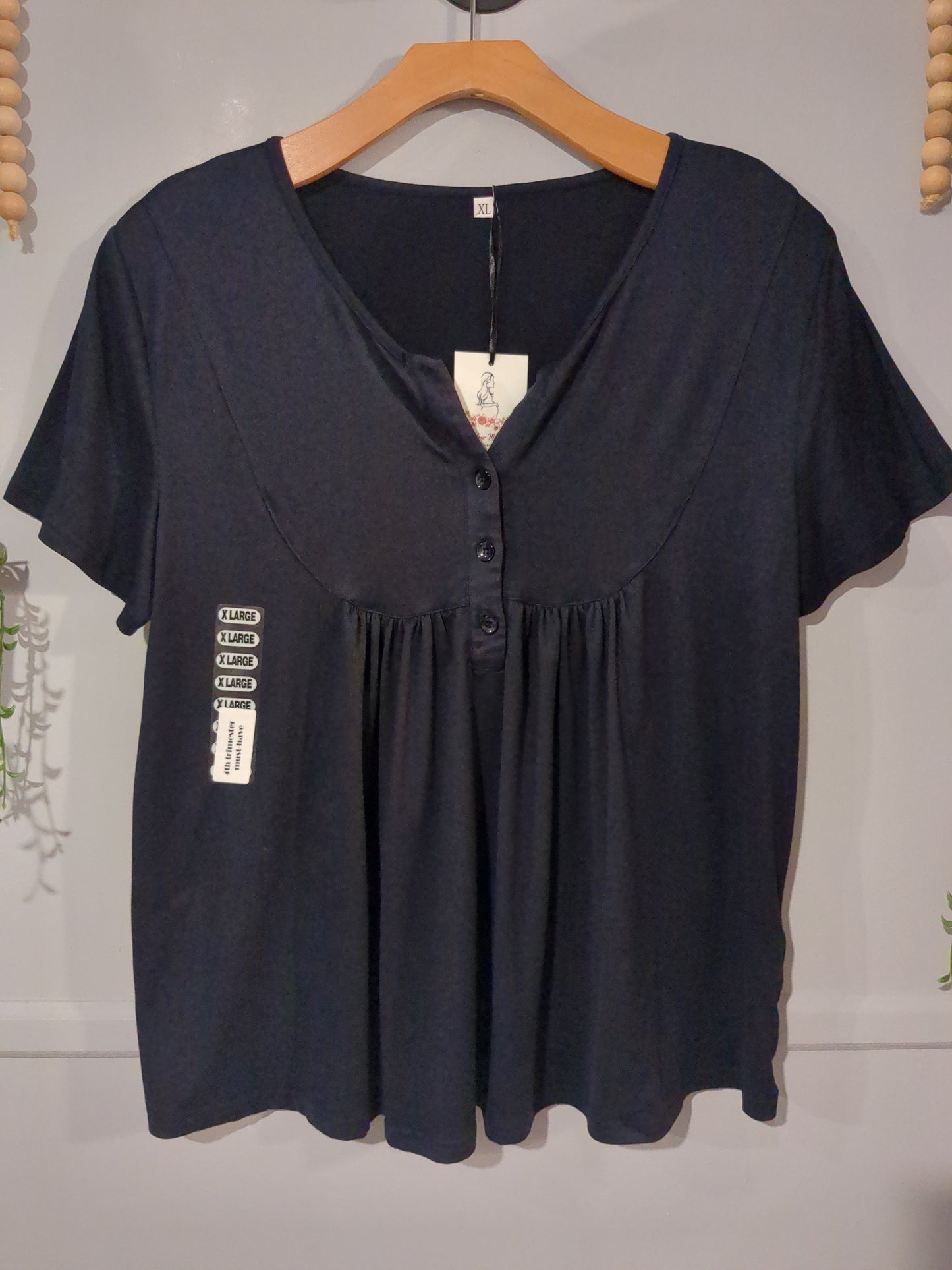 Boxy split v-neck SS quarter button tee, Navy