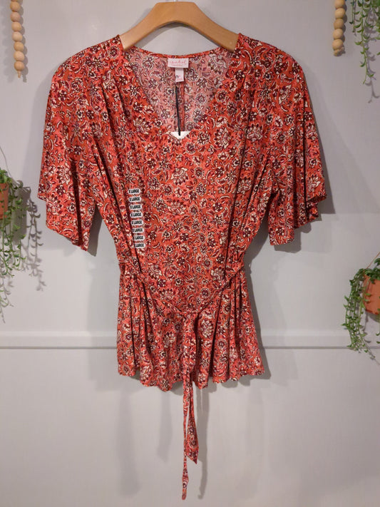 Flowy belted SS blouse, Tangerine florals