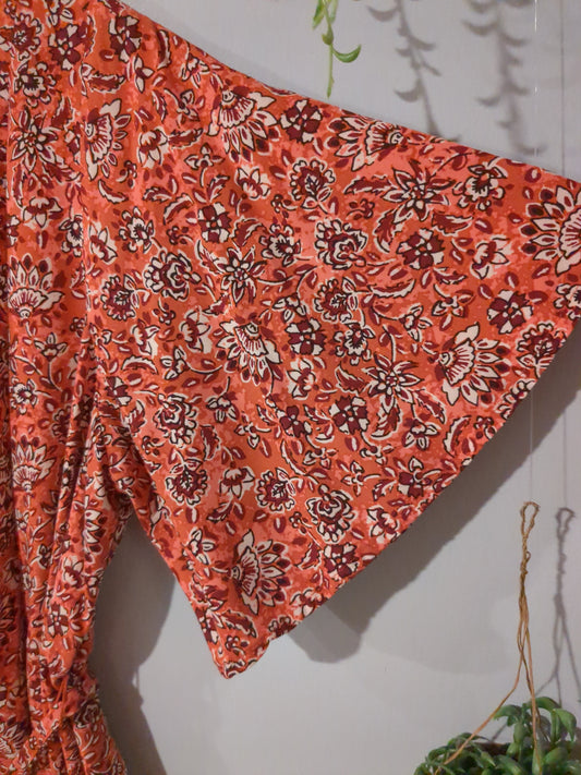 Flowy belted SS blouse, Tangerine florals