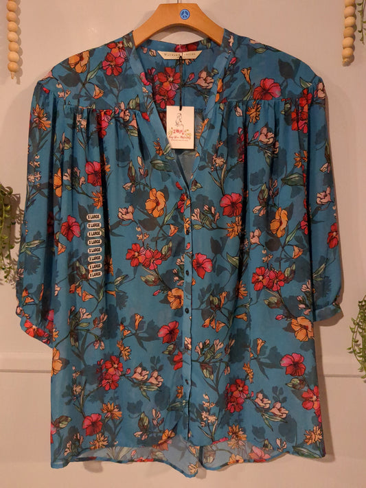 Semi-sheer 3/4 sleeve button down blouse, Blue florals -NF