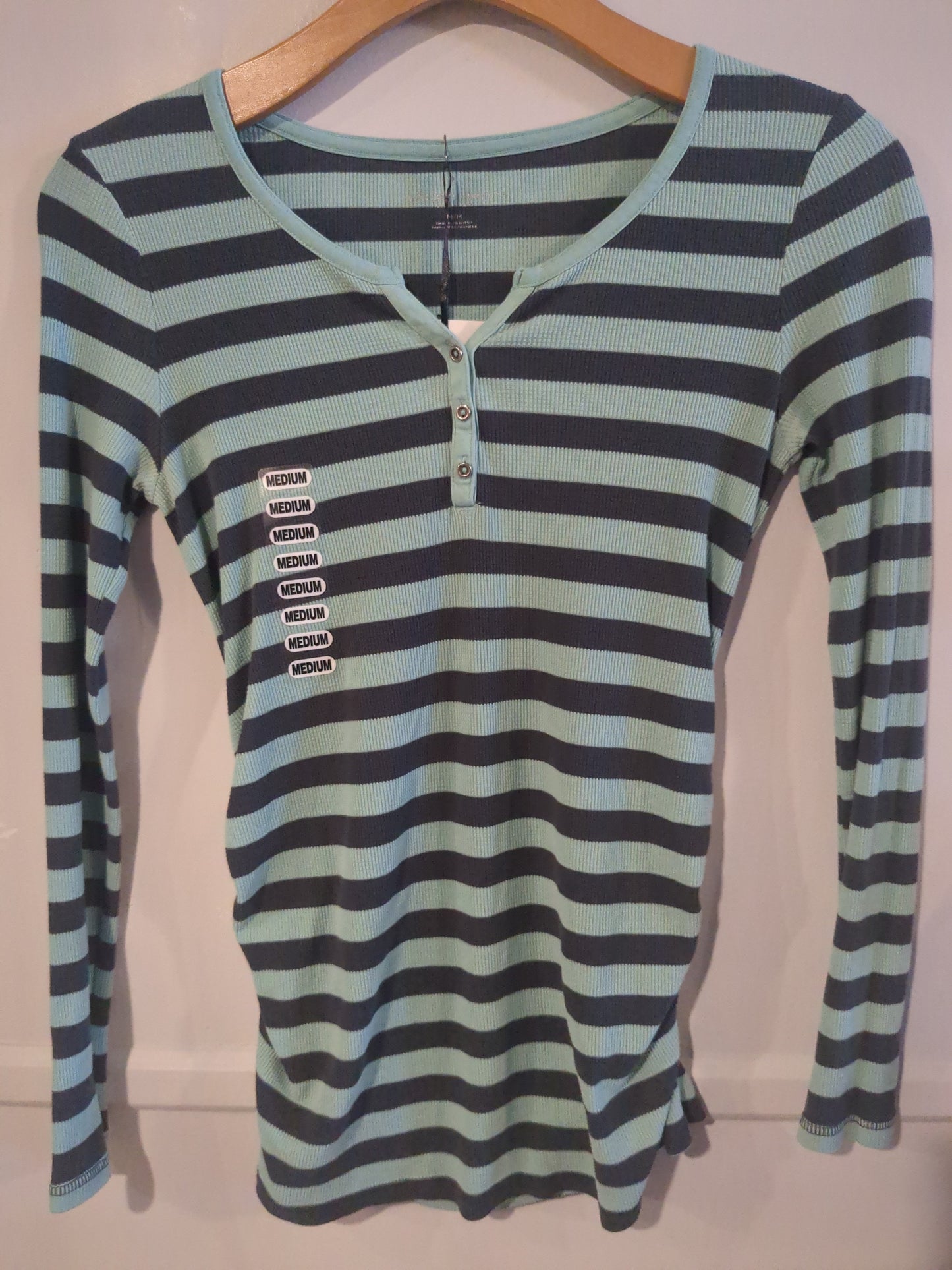 Quarter button fitted thermal LS top, Mint stripes